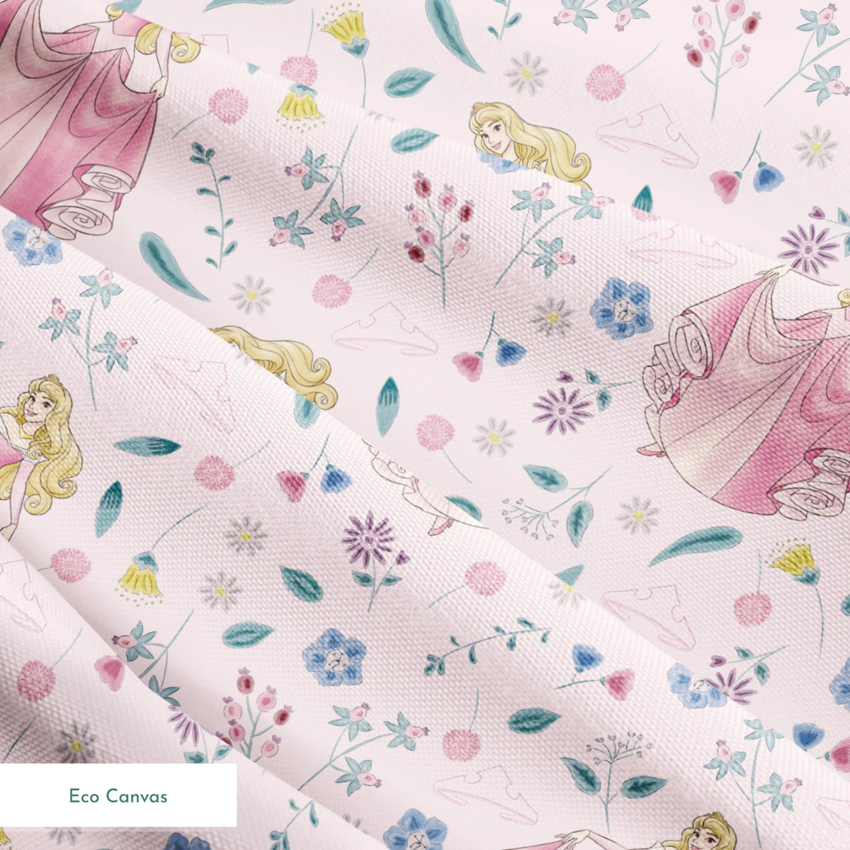 Disney's Sleeping Beauty surrounded by scattered flowers and leaves on light pink background springs ecocanvas texture