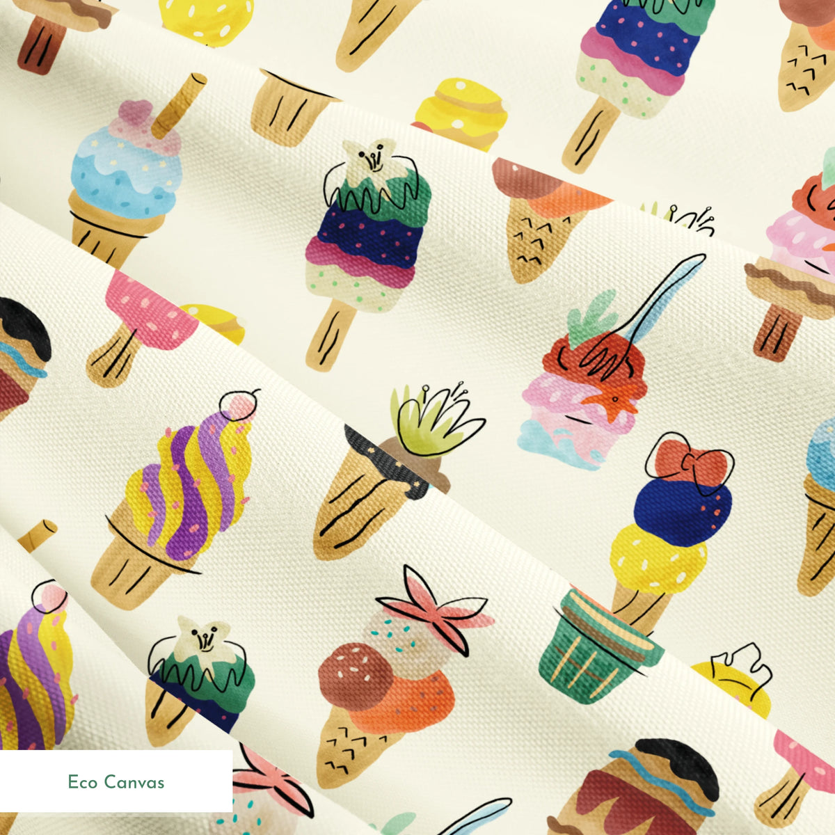 Colorful illustration of Disney Princess-inspired ice cream desserts including cones, popsicles, and sundaes with decorative toppings springs ecocanvas texture
