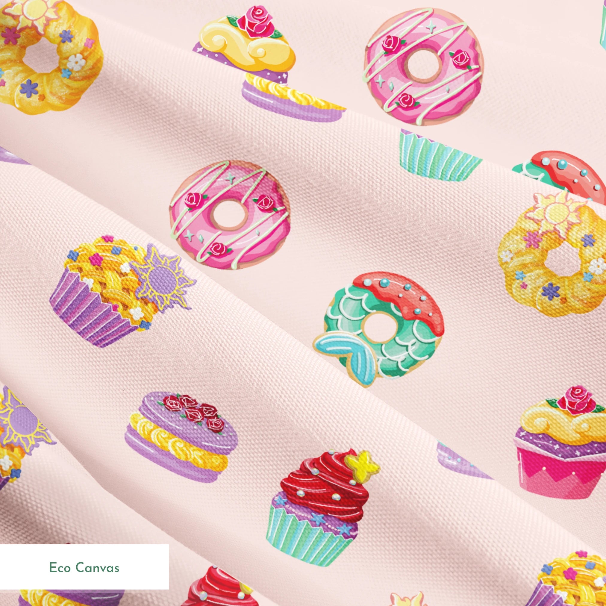 DIsney Princess-inspired dessert pattern with donuts, cupcakes, and macarons on a light pink background springs ecocanvas texture