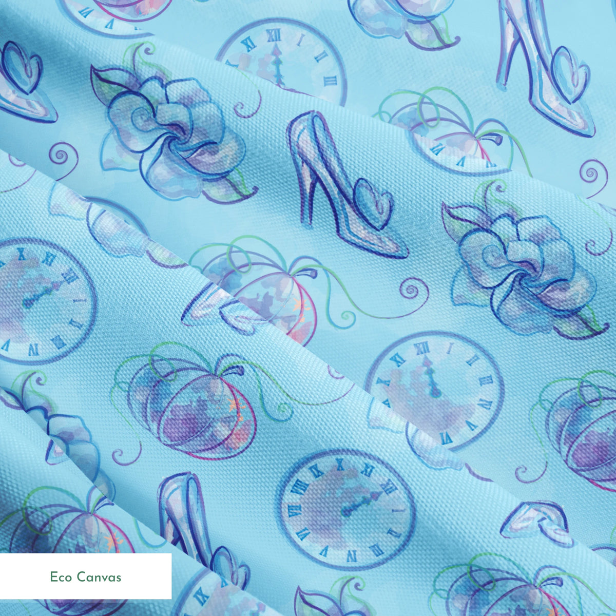 Whimsical Cinderella-themed pattern with glass slippers, pumpkins, clocks, and ribbons in soft blue and purple tones springs ecocanvas texture
