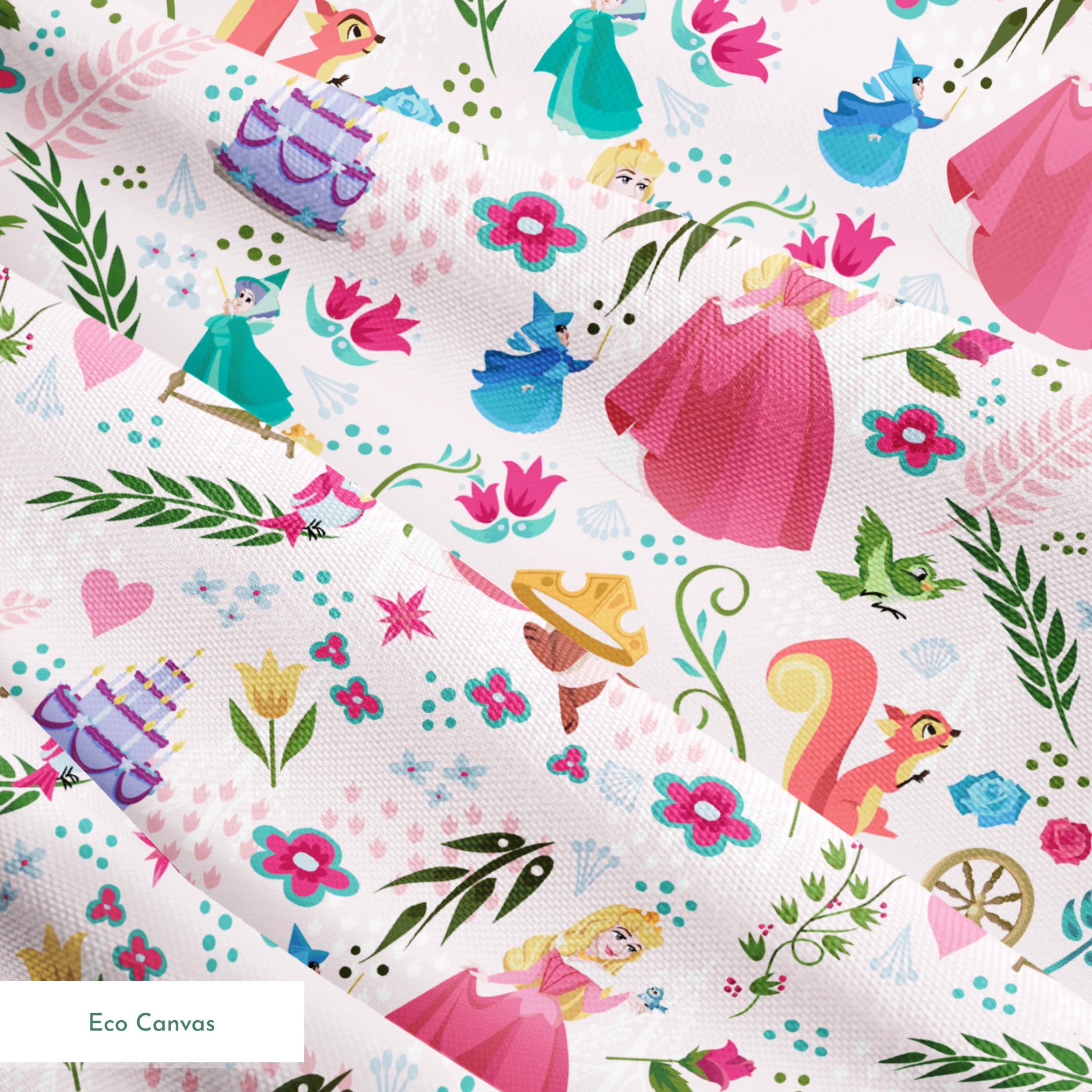 Colorful Sleeping Beauty pattern with Aurora, animals, flowers, spinning wheel, and cake on light background springs ecocanvas texture