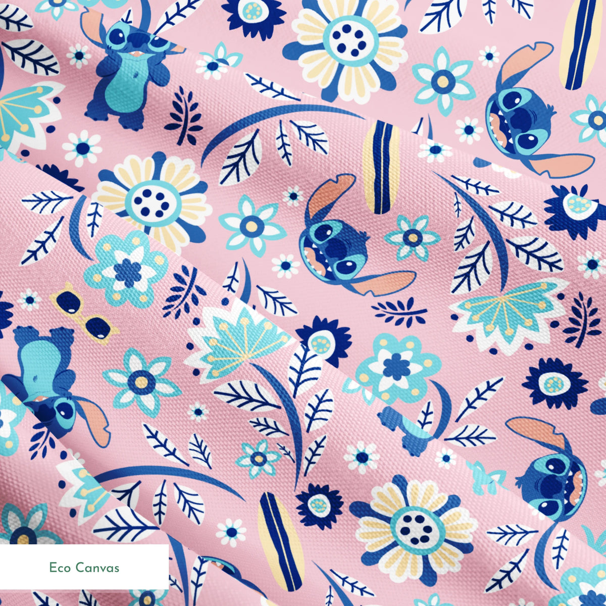 Floral pattern with Disney's Stitch, white daisies, and mint green accents on pink background springs ecocanvas texture