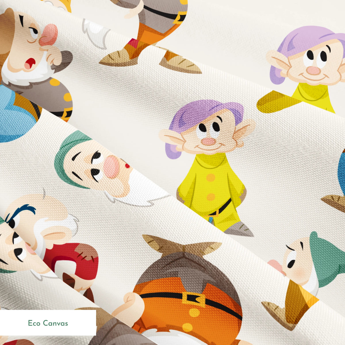 Colorful pattern of small cartoon dwarfs in different colored outfits and hats scattered on cream background springs ecocanvas texture