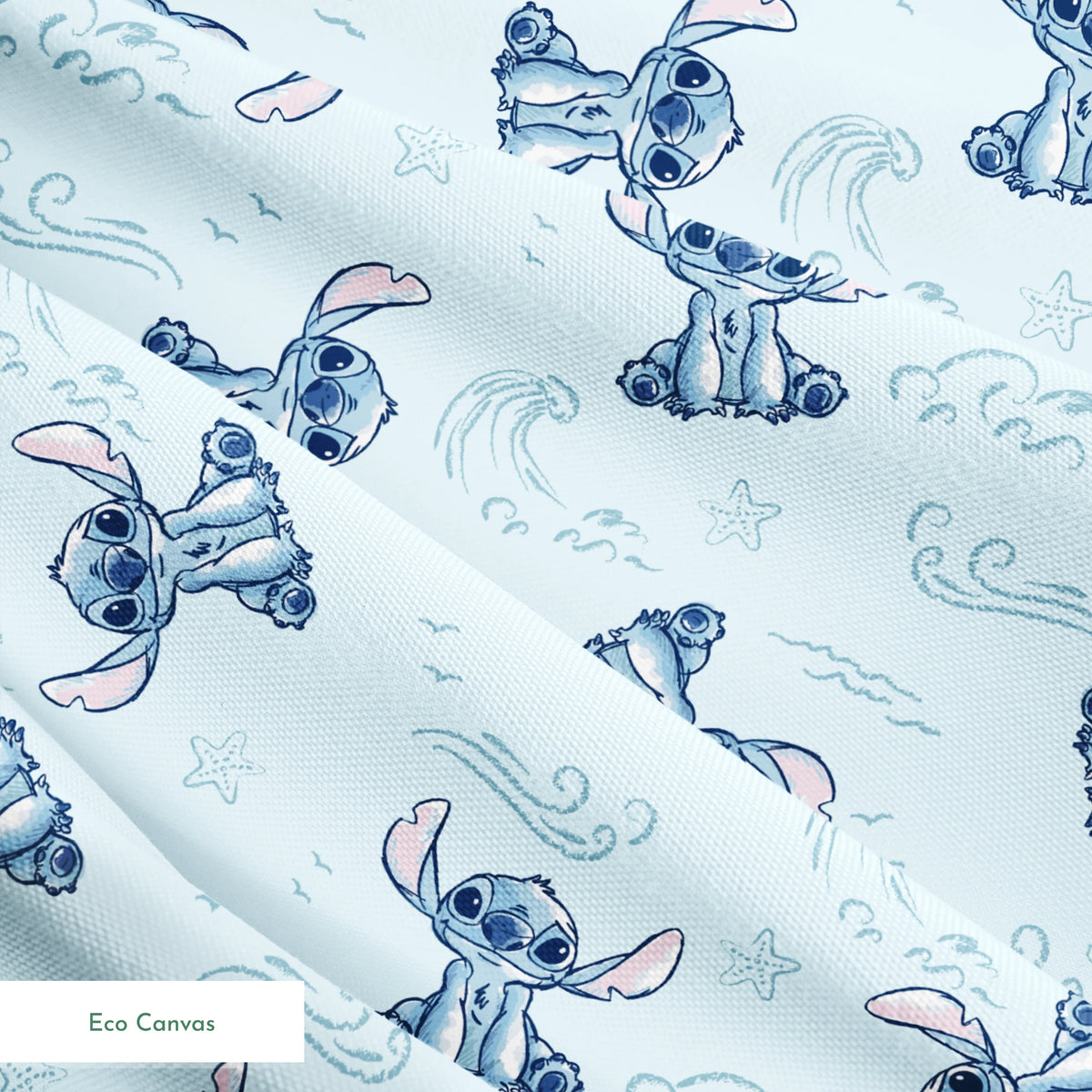 Blue cartoon alien characters with large ears in playful poses against light blue background with swirls and stars pattern springs ecocanvas texture