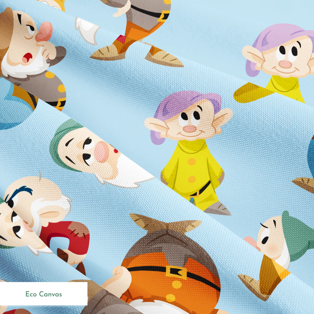 Pattern of cartoon dwarfs in colorful outfits on light blue background springs ecocanvas texture