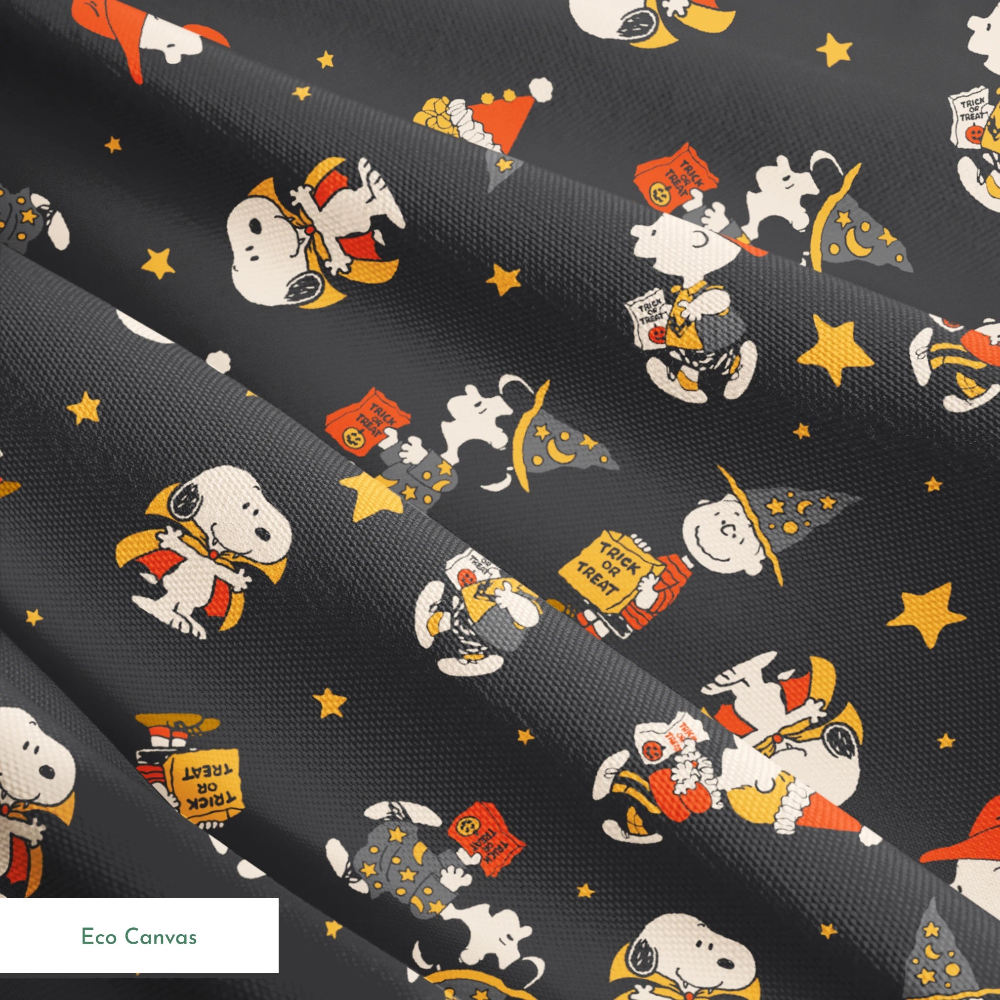 Snoopy cartoon pattern on dark gray background with characters in Halloween costumes and golden stars springs ecocanvas texture