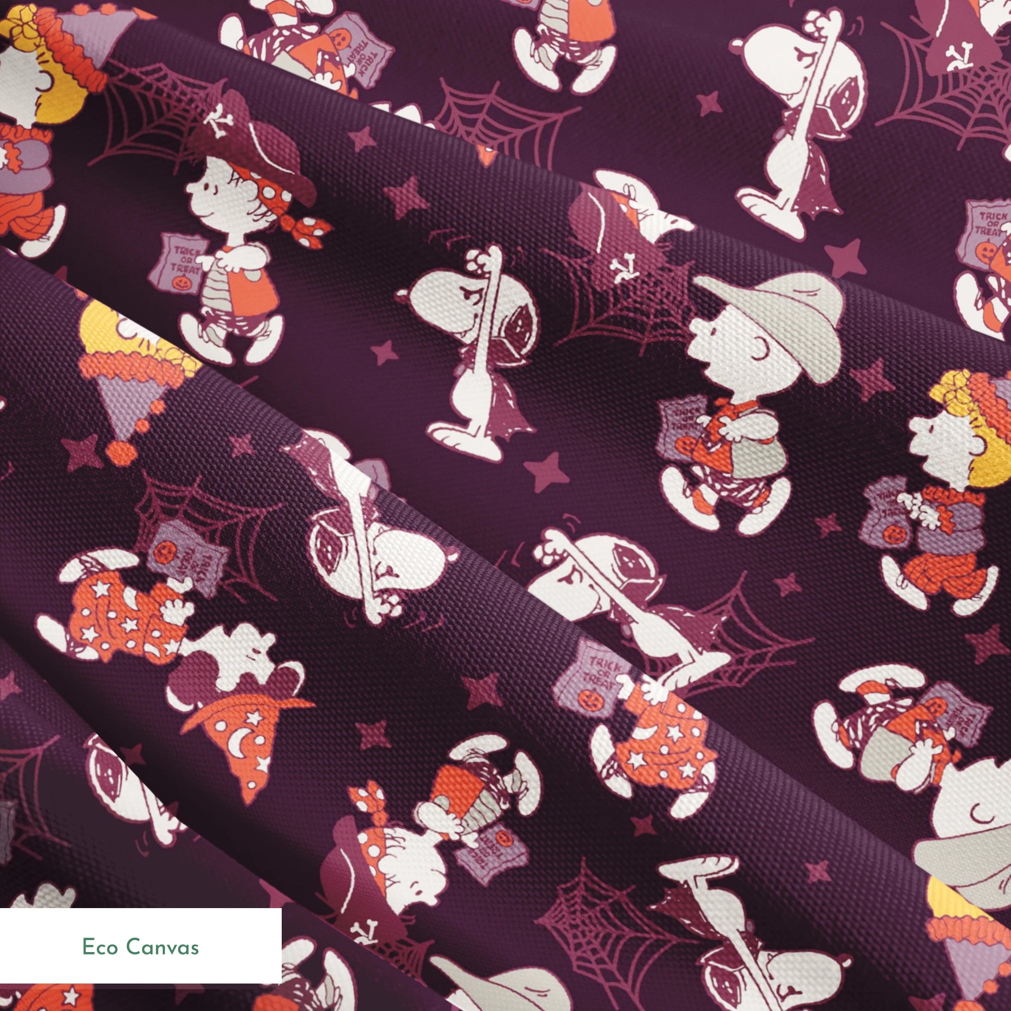 Snoopy and Peanuts characters in Halloween costumes scattered on dark purple background springs ecocanvas texture