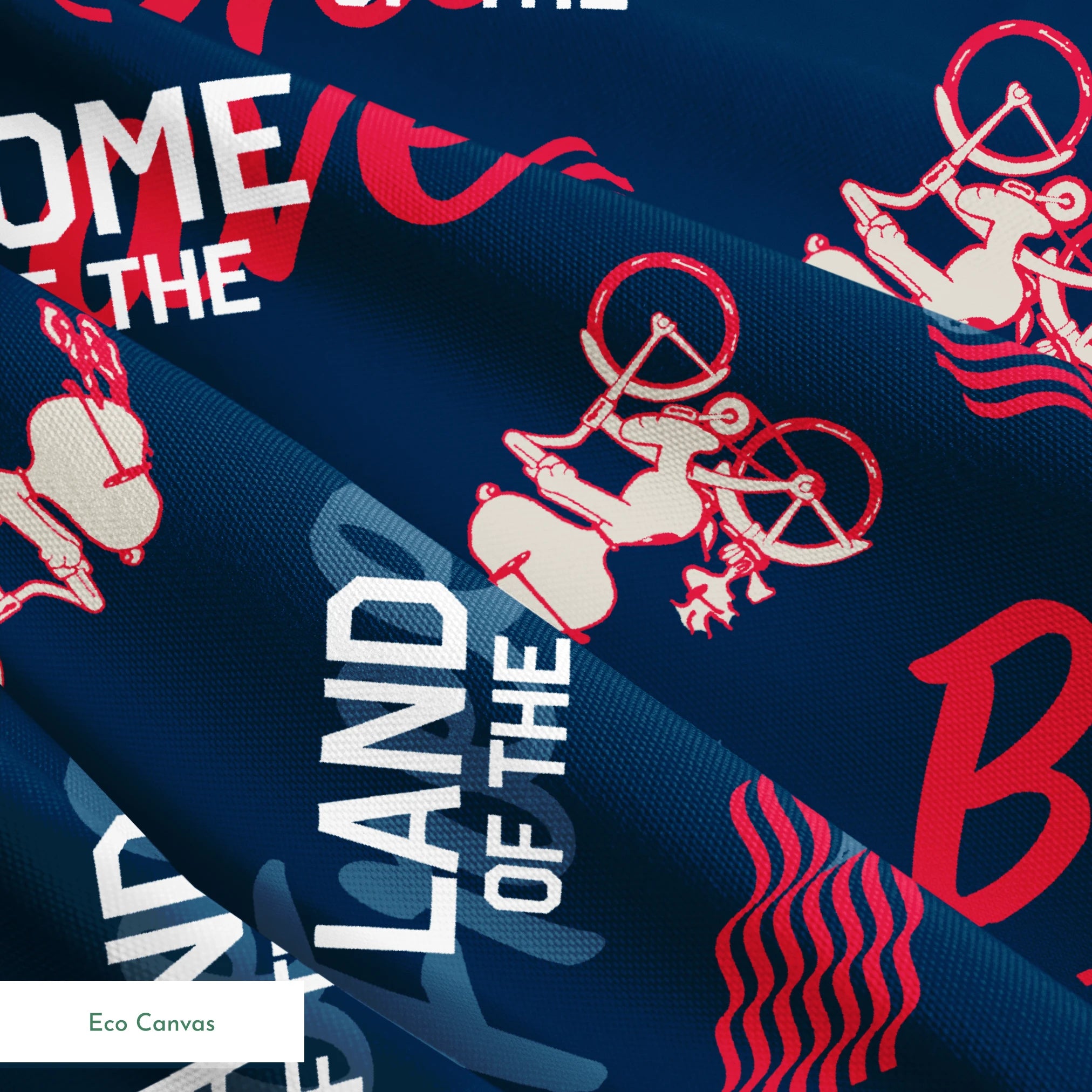 Repeating Peanuts "Home of the Brave" text pattern with bicycles on navy blue background with red wavy lines springs ecocanvas texture