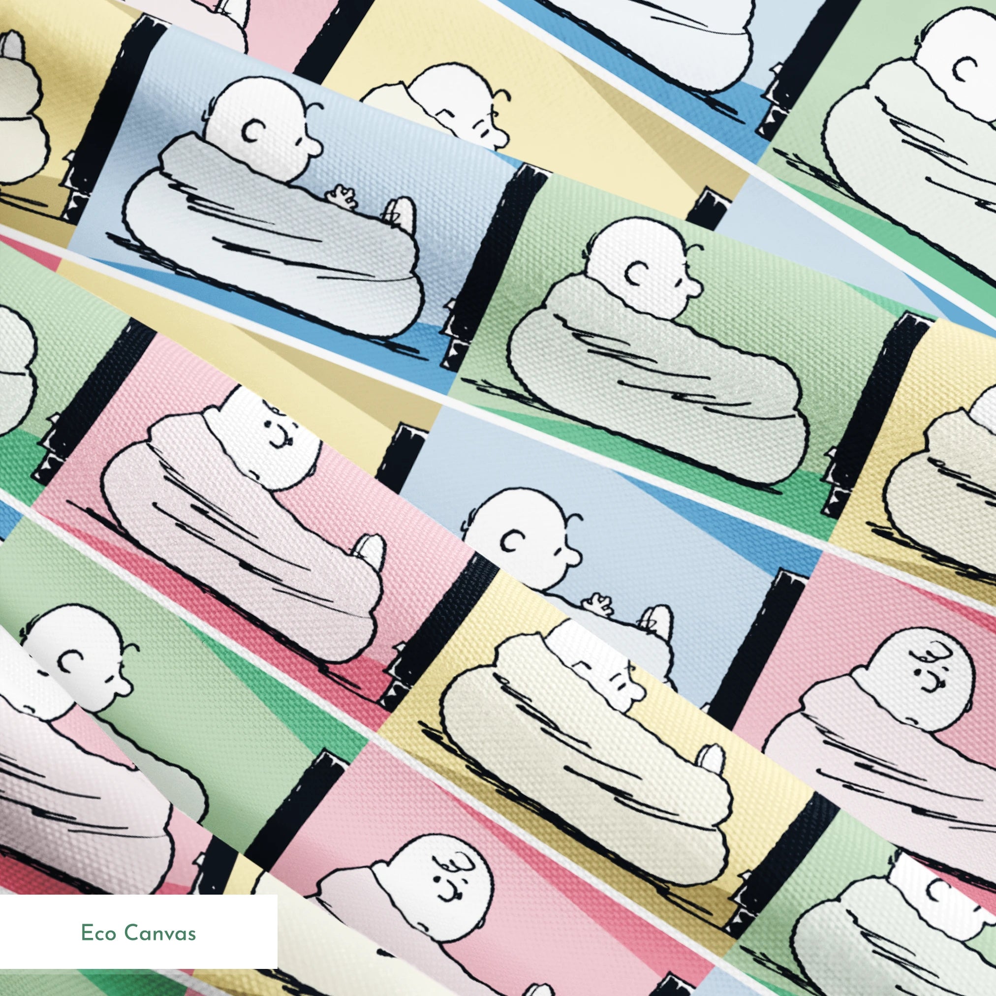 Charlie Brown resting on a white bed/nest in a grid of 12 colorful panels with pastel backgrounds. springs ecocanvas texture