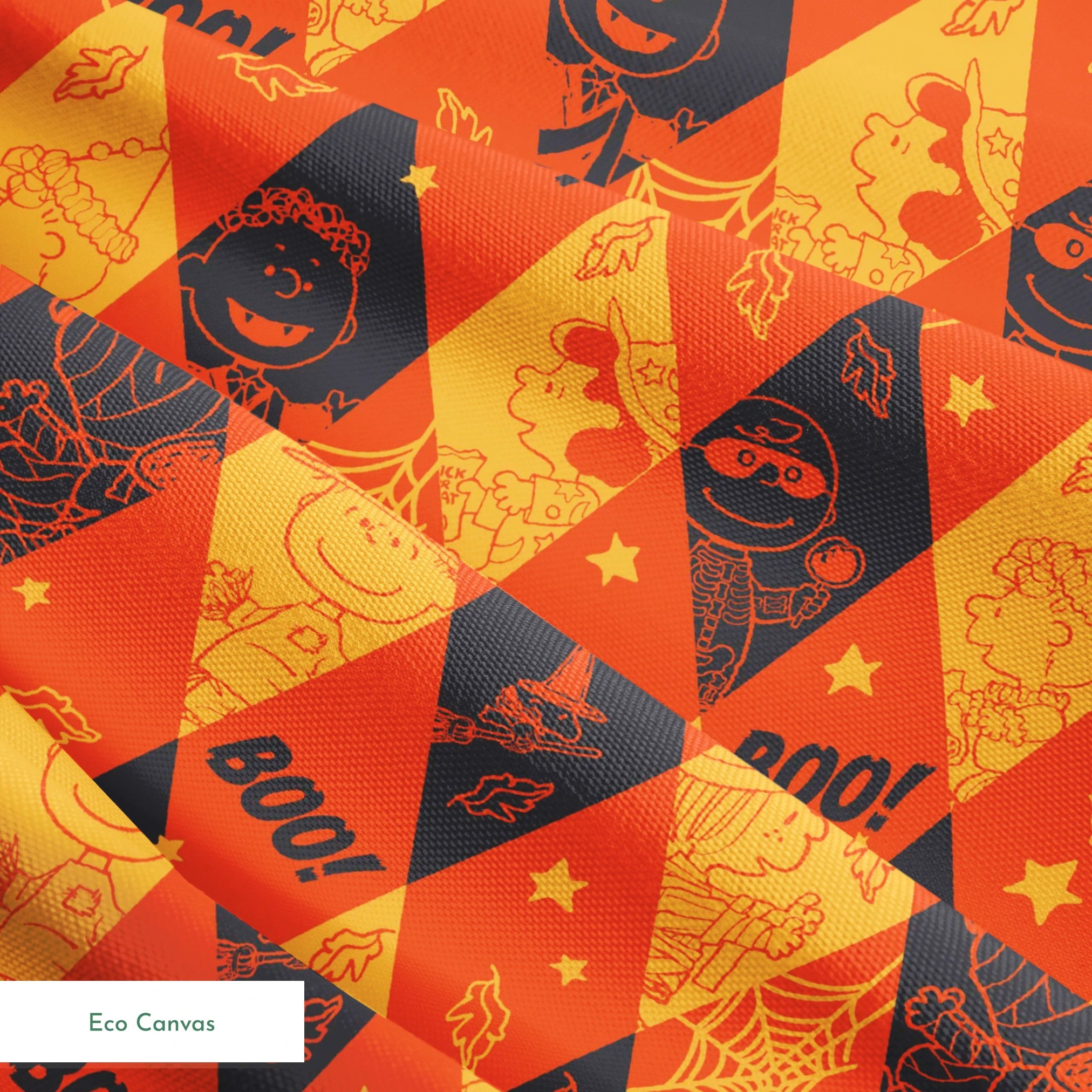 Peanuts Halloween pattern with diamond shapes in orange, yellow, and black featuring Peanuts characters in costumes, webs, "BOO!" text, and seasonal decorations springs ecocanvas texture