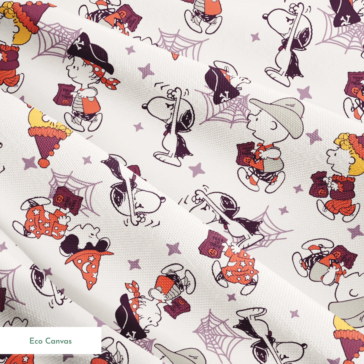 Peanuts characters in Halloween costumes including Snoopy, Charlie Brown, and friends on white background springs ecocanvas texture