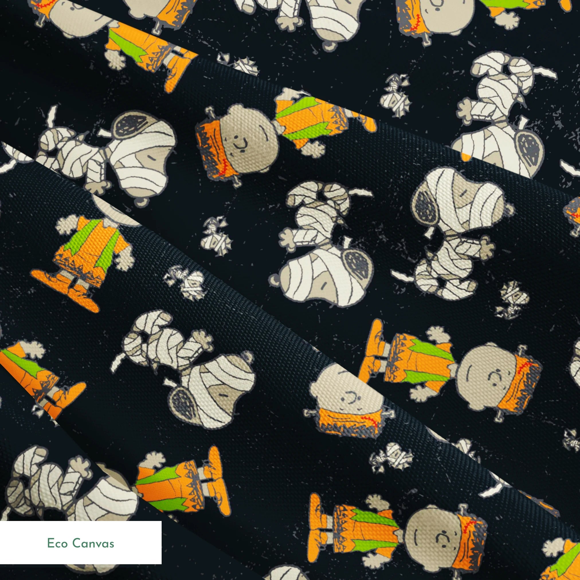 Peanuts characters pattern on black background featuring Snoopy and Charlie Brown in fall outfits springs ecocanvas texture