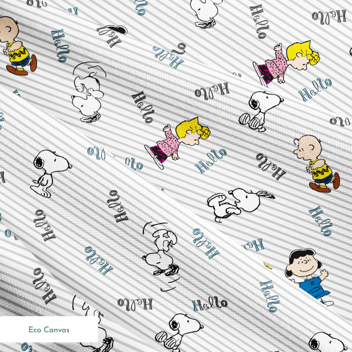 Peanuts cartoon characters scattered on striped background with "hello" text, featuring Snoopy, Charlie Brown, and friends springs ecocanvas texture