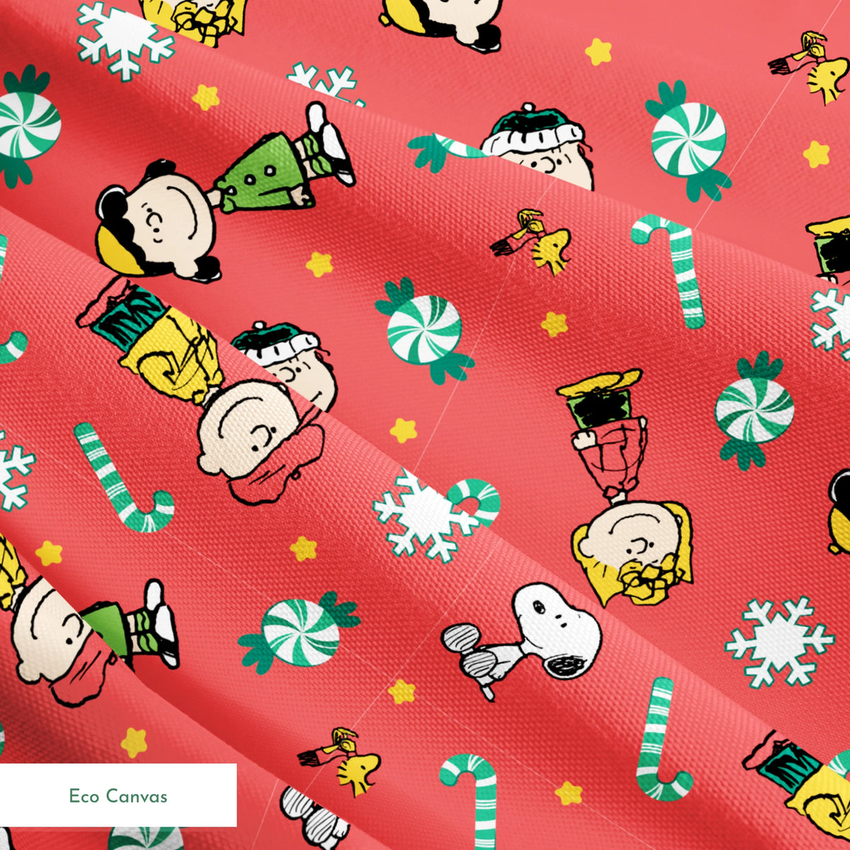 Festive Peanuts cartoon pattern with Charlie Brown characters, candy canes, snowflakes, and peppermints on red background springs ecocanvas texture
