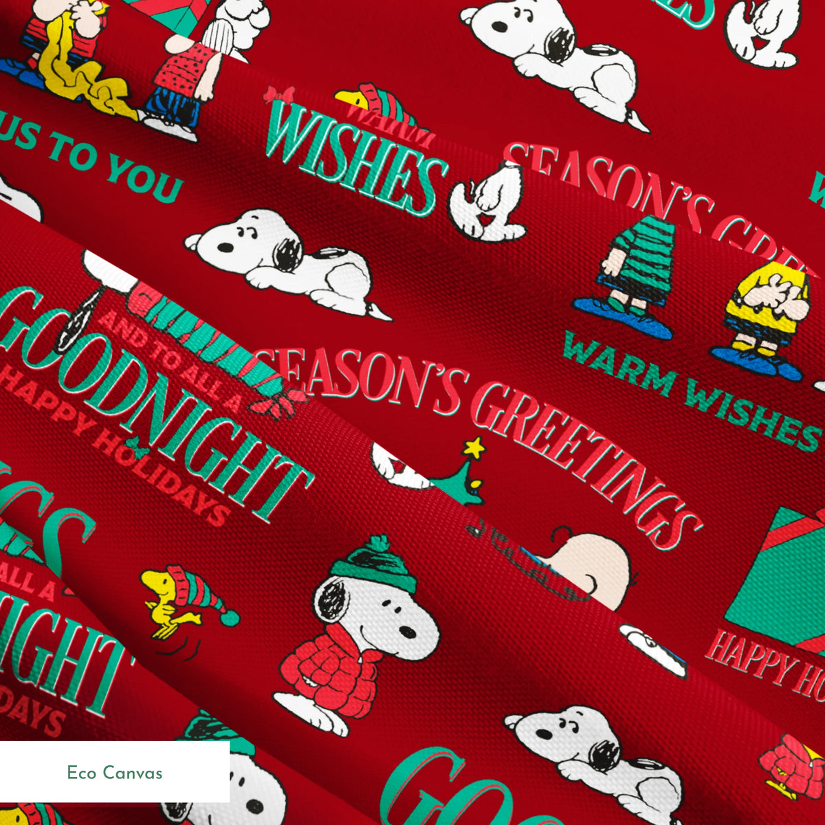 Colorful Peanuts Christmas pattern with Snoopy, Woodstock, and friends with holiday phrases on red background springs ecocanvas texture