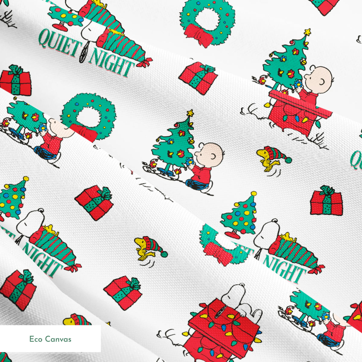 Peanuts Christmas pattern with Snoopy's decorated doghouse, trees, wreaths, and "Quiet Night" text springs ecocanvas texture