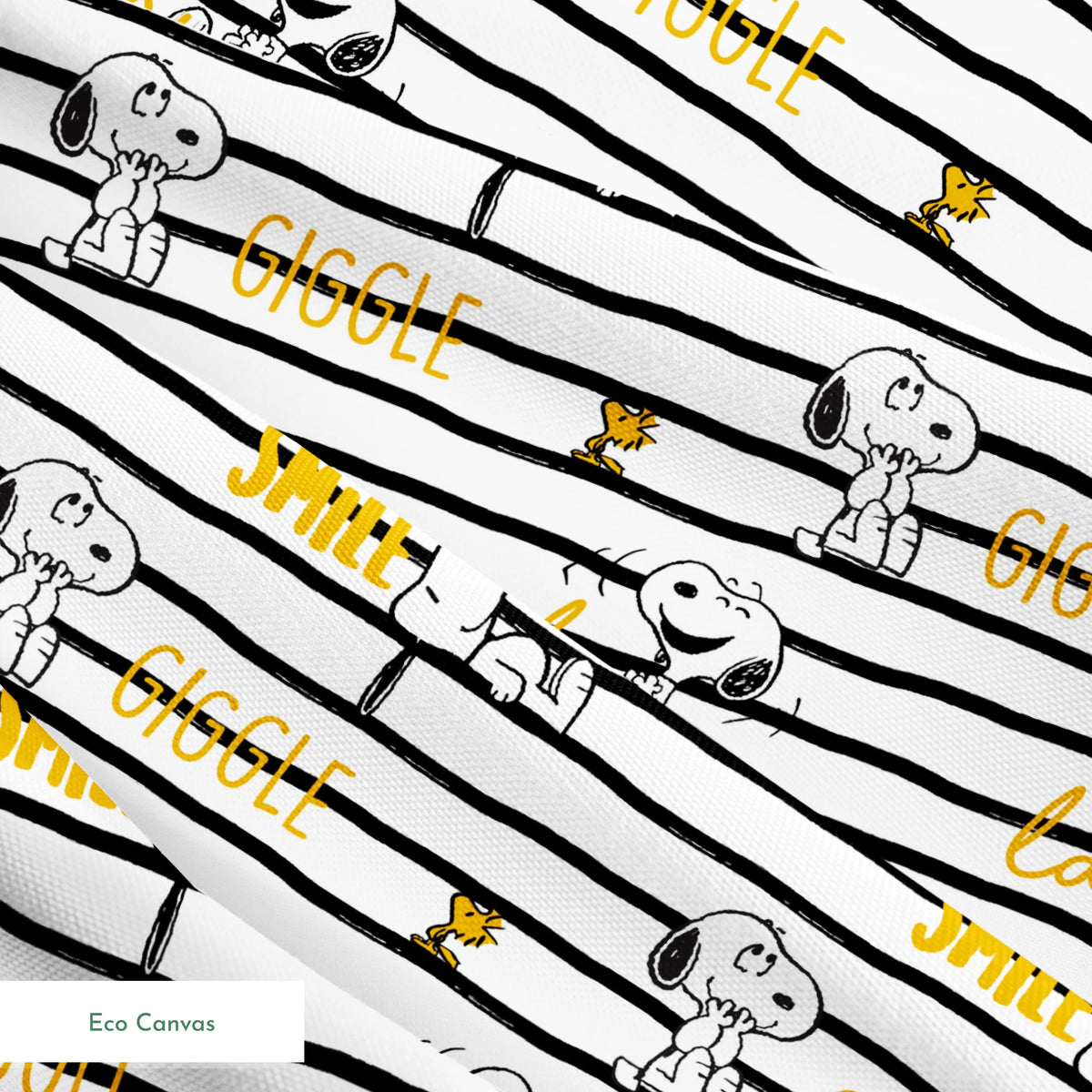 Black and white striped pattern with Snoopy and Woodstock, yellow text saying "giggle," "laugh," "smile springs ecocanvas texture