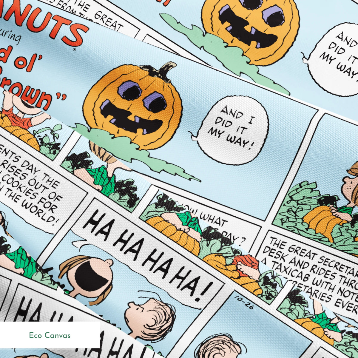 Peanuts comic strip featuring "Great Pumpkin" Halloween storyline with cartoon children and jack-o'-lantern imagery across multiple panels. springs ecocanvas texture
