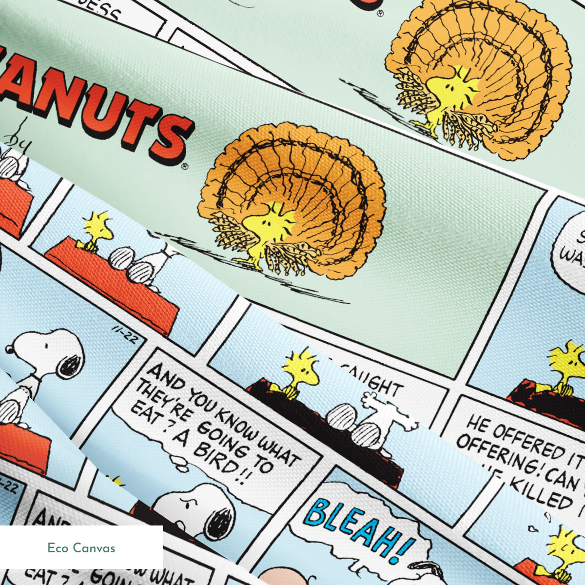 A Peanuts comic strip featuring Snoopy on his red doghouse, shown in multiple panels with Thanksgiving and food-related humor throughout the colorful Sunday format. springs ecocanvas texture