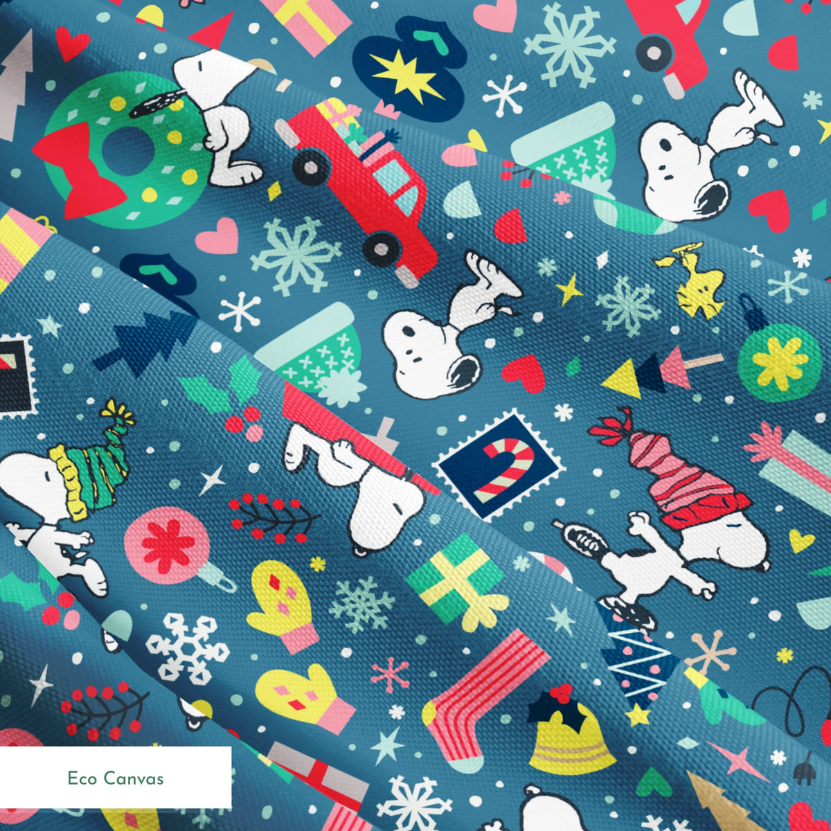 Colorful Peanuts Christmas pattern with festive icons, red mailboxes, presents, houses, and holiday symbols on teal background springs ecocanvas texture