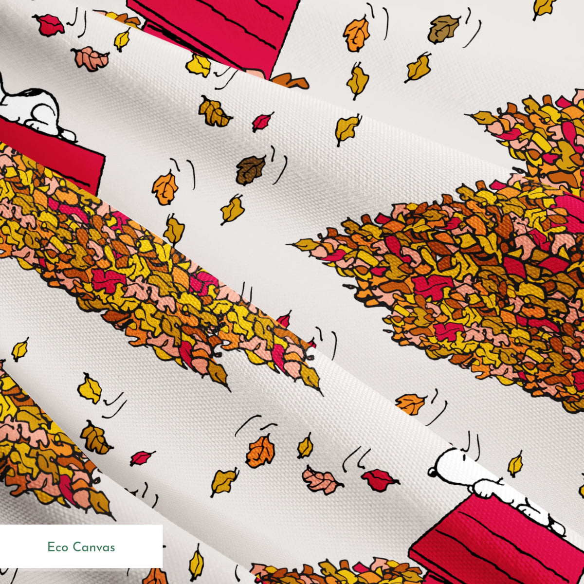 Snoopy and red doghouse on colorful autumn leaf piles with falling leaves pattern on beige background springs ecocanvas texture