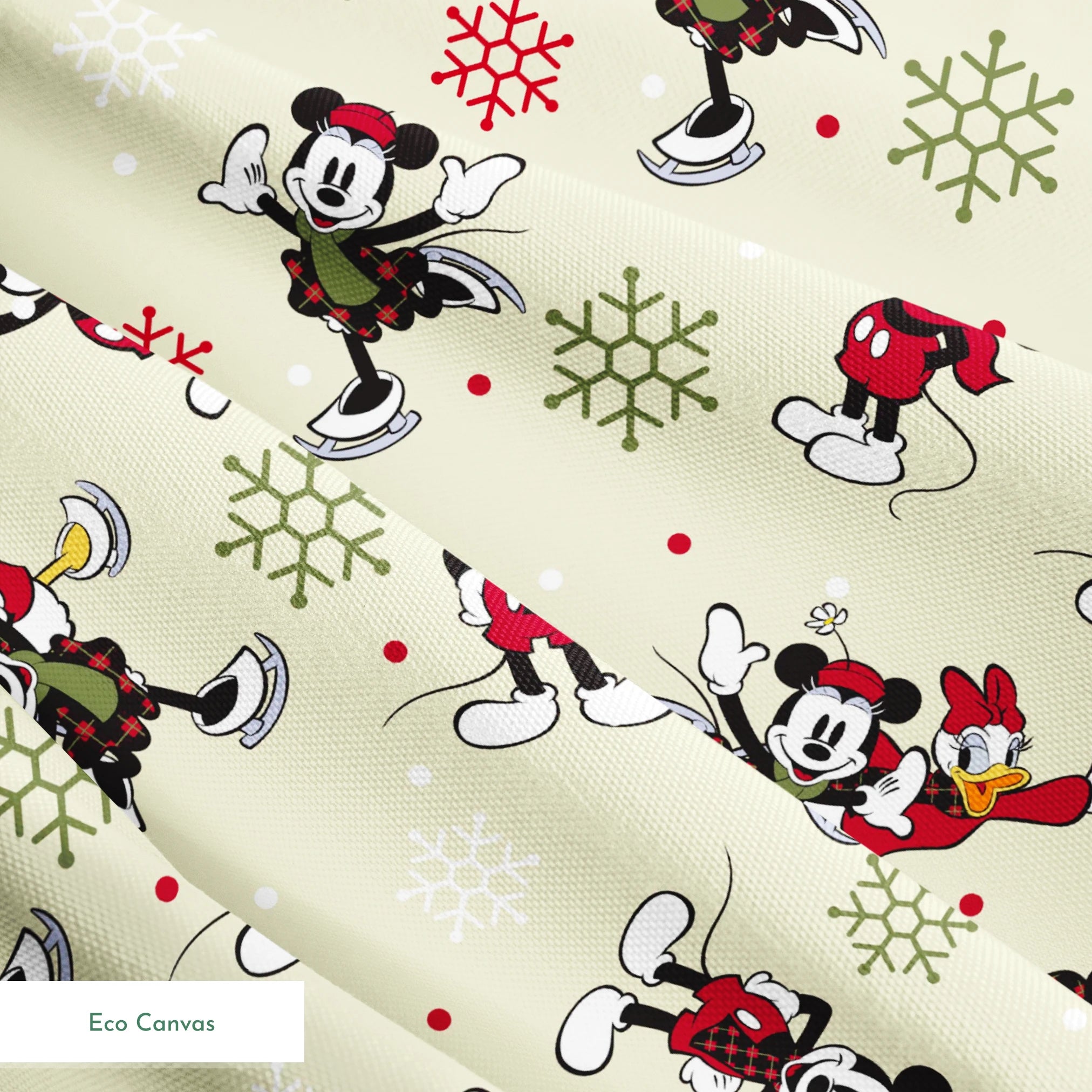 Holiday-themed cartoon mouse pattern with classic characters in red outfits on beige background with snowflakes. springs ecocanvas texture
