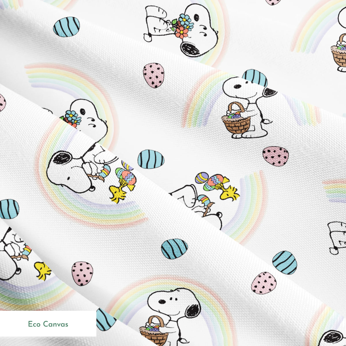Snoopy pattern with Easter eggs, rainbows, and Woodstock, featuring Snoopy holding flowers and baskets springs ecocanvas texture