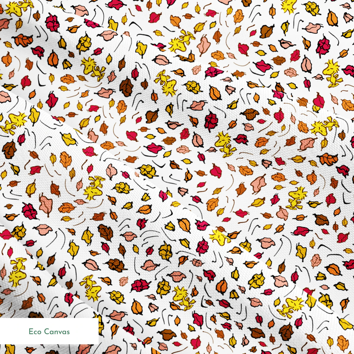 Colorful Peanuts autumn leaves pattern with Woodstock and yellow, red, and brown foliage scattered on white background springs ecocanvas texture