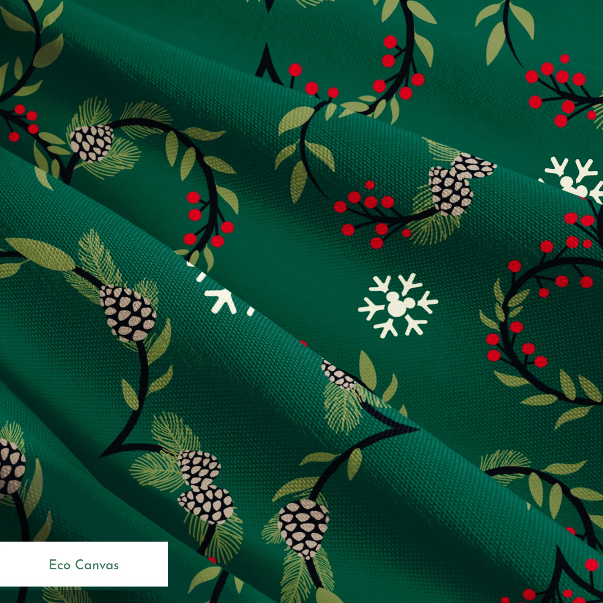 Holiday pattern with green wreaths, pinecones, red berries and white snowflakes on dark green background springs ecocanvas texture