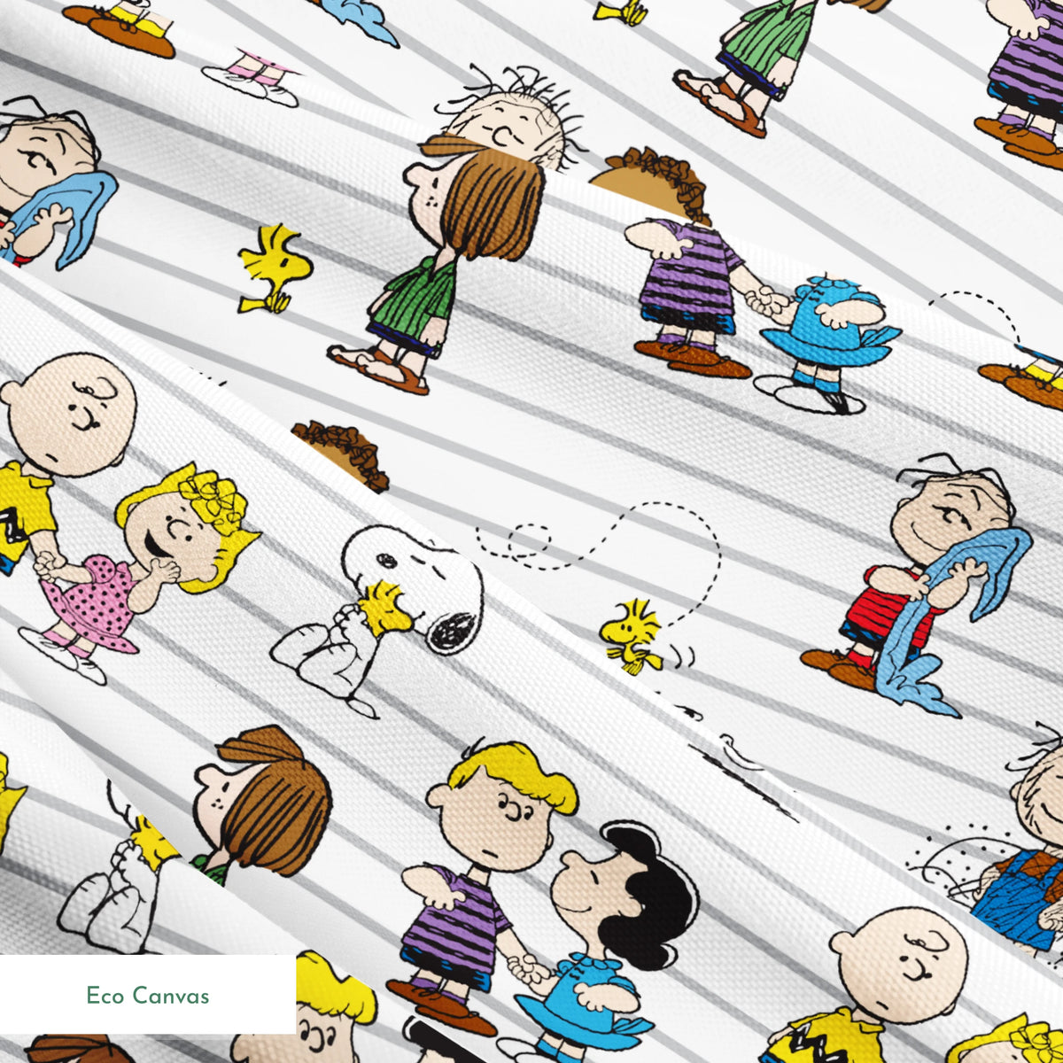 Peanuts cartoon characters on striped background, including Snoopy, Woodstock, and friends with their signature traits and poses. springs ecocanvas texture