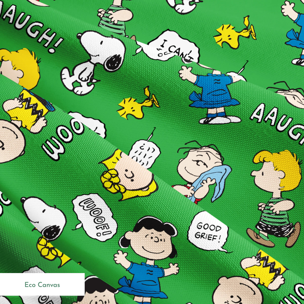 Peanuts comic characters on green background - Snoopy, Woodstock, and gang with speech bubbles like "AAUGH!" and "I CAN'T STAND IT! springs ecocanvas texture
