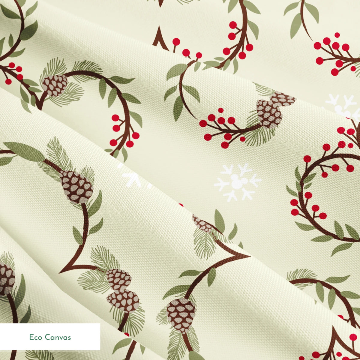 Holiday pattern with pine wreaths, red berries, and white snowflakes on light green background springs ecocanvas texture