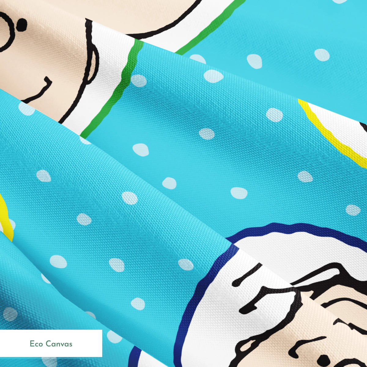 Peanuts characters pattern with Snoopy and other cartoon faces in circles on blue background springs ecocanvas texture