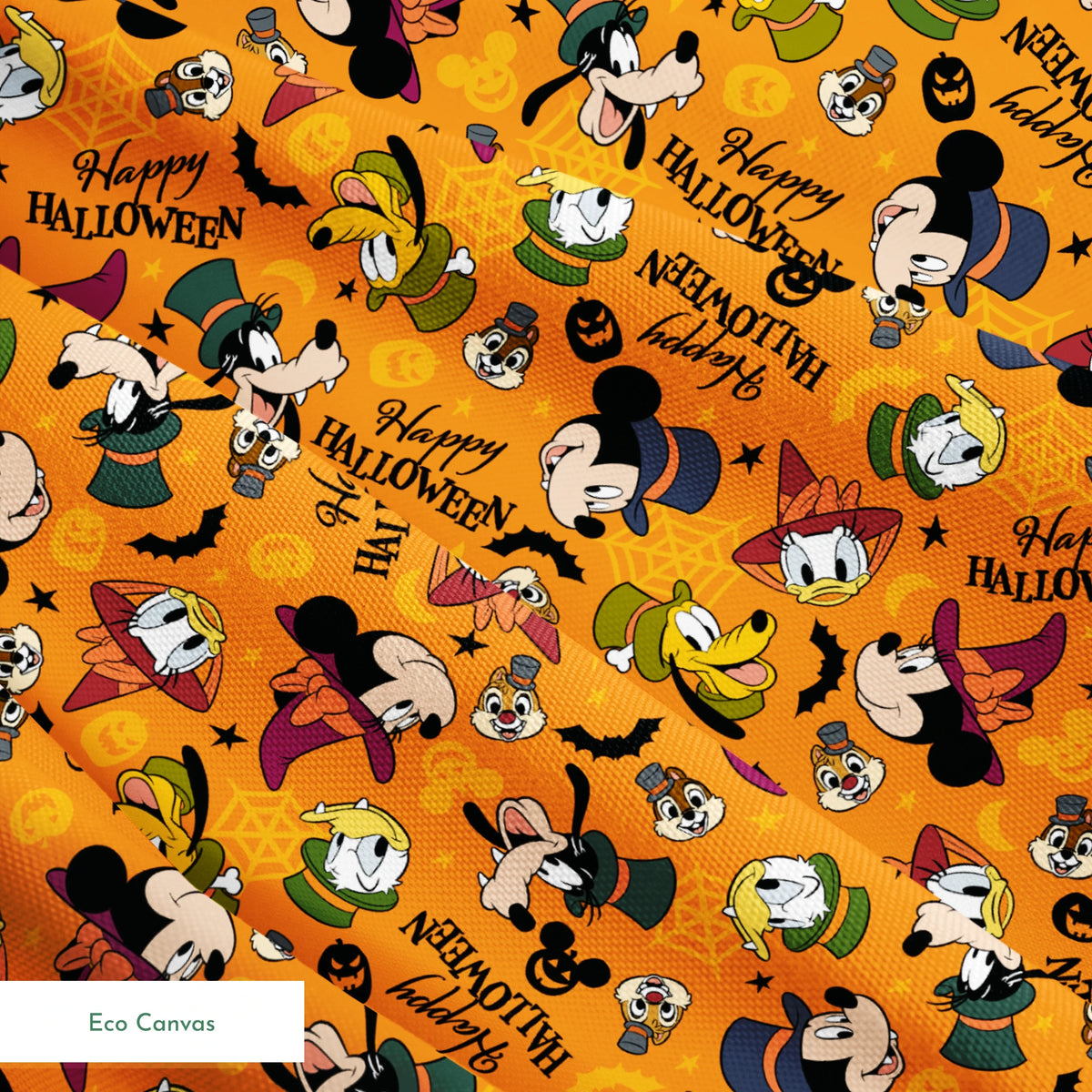Disney characters in Halloween costumes on orange background with pumpkins and "Happy Halloween" text springs ecocanvas texture