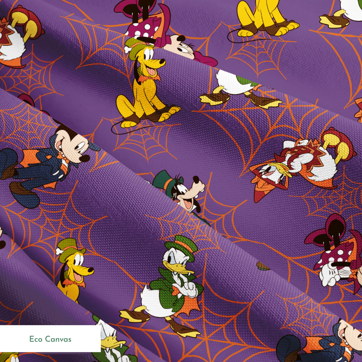 Disney cartoon characters in Halloween costumes on purple background with orange spider webs springs ecocanvas texture