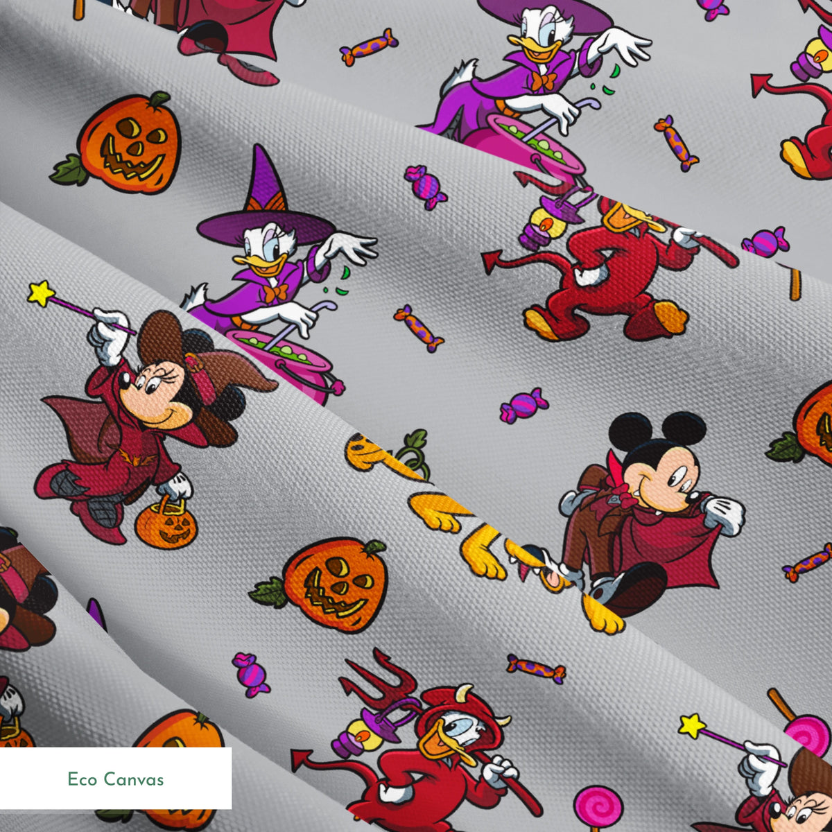 Halloween-themed cartoon pattern with Mickey Mouse characters in costumes, pumpkins, candy, and cauldrons on gray background springs ecocanvas texture