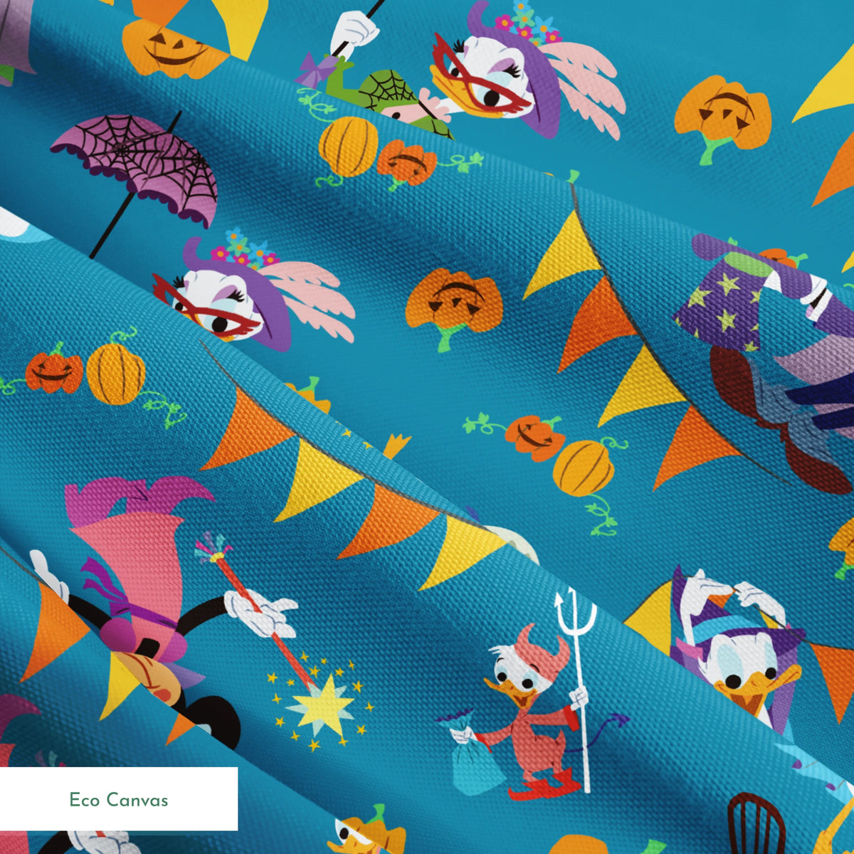 Whimsical Halloween pattern with Disney characters in costumes, pumpkins, and orange bunting on teal background. springs ecocanvas texture