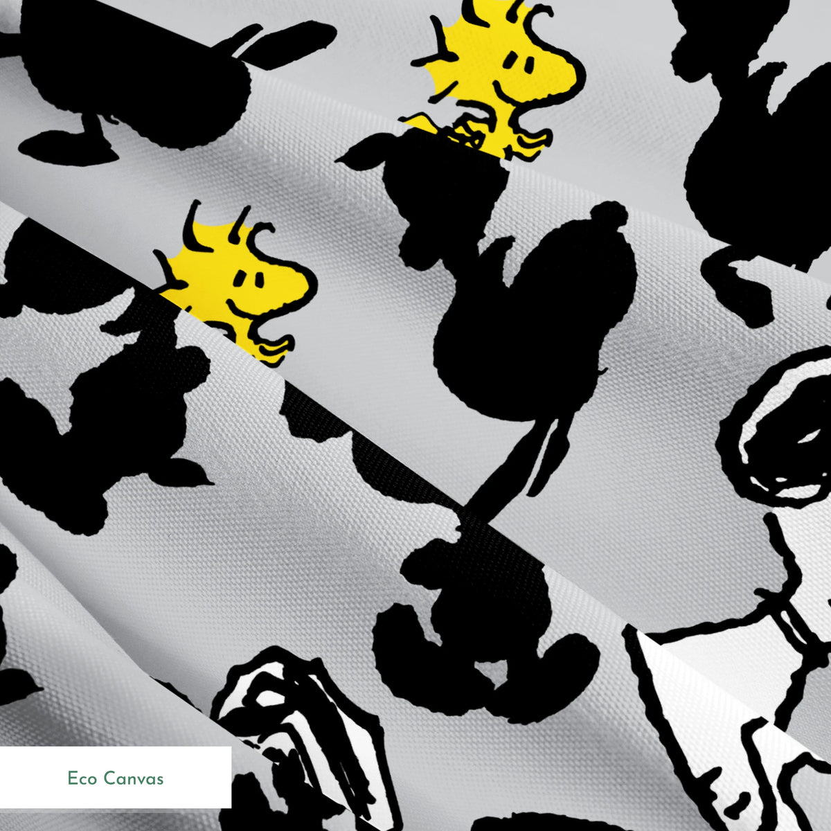 Pattern of Snoopy and Woodstock on gray background with black silhouettes springs ecocanvas texture