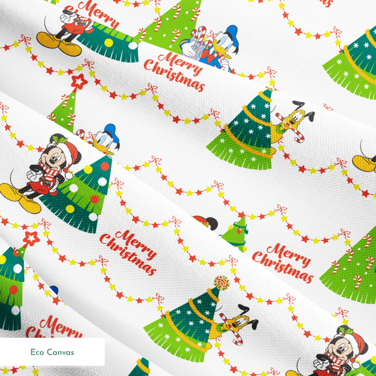 Disney Christmas pattern with Mickey, Minnie, and Donald beside decorated trees with star garland borders springs ecocanvas texture