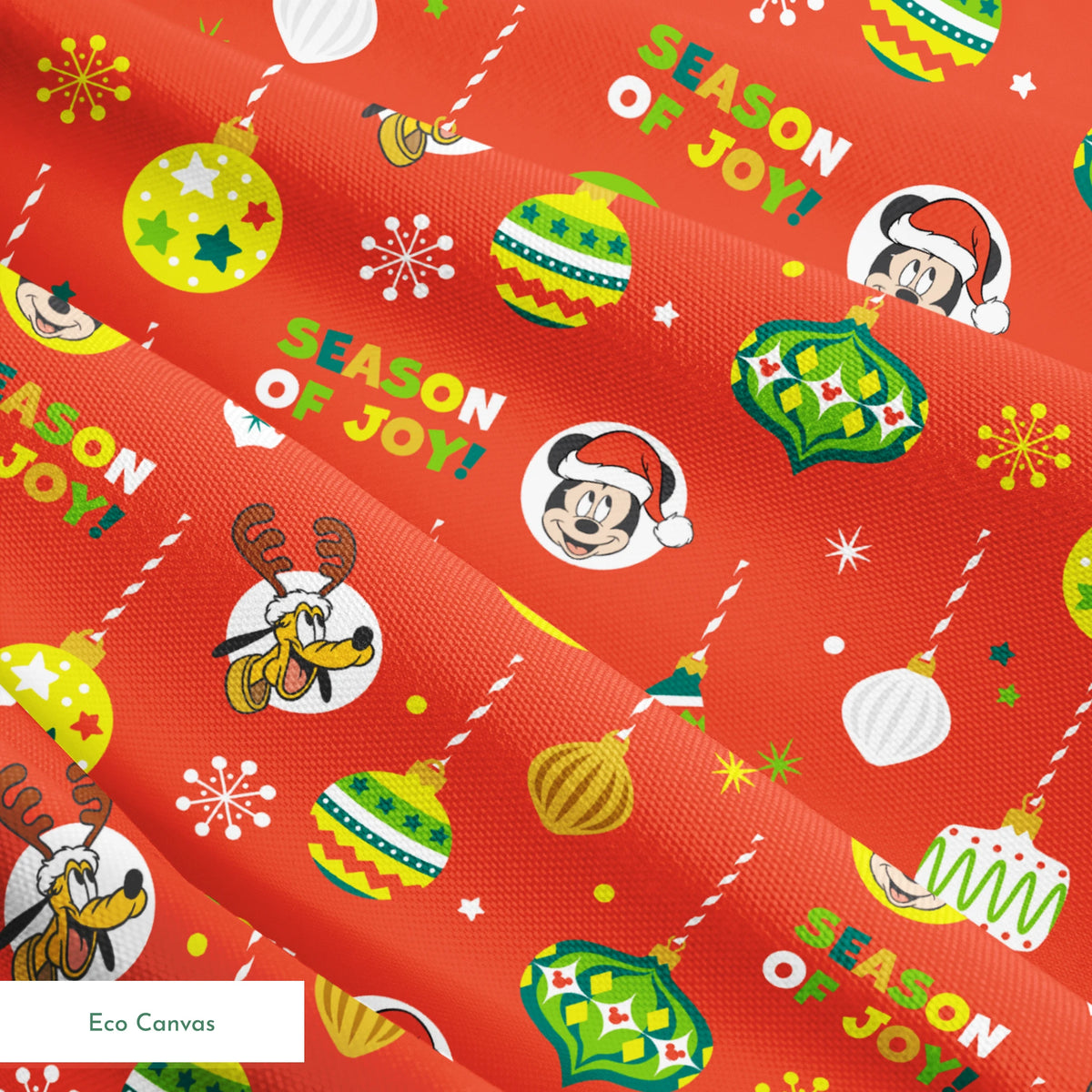 Christmas ornament pattern with colorful baubles, bells, snowflakes and Mickey Mouse characters on bright red background springs ecocanvas texture