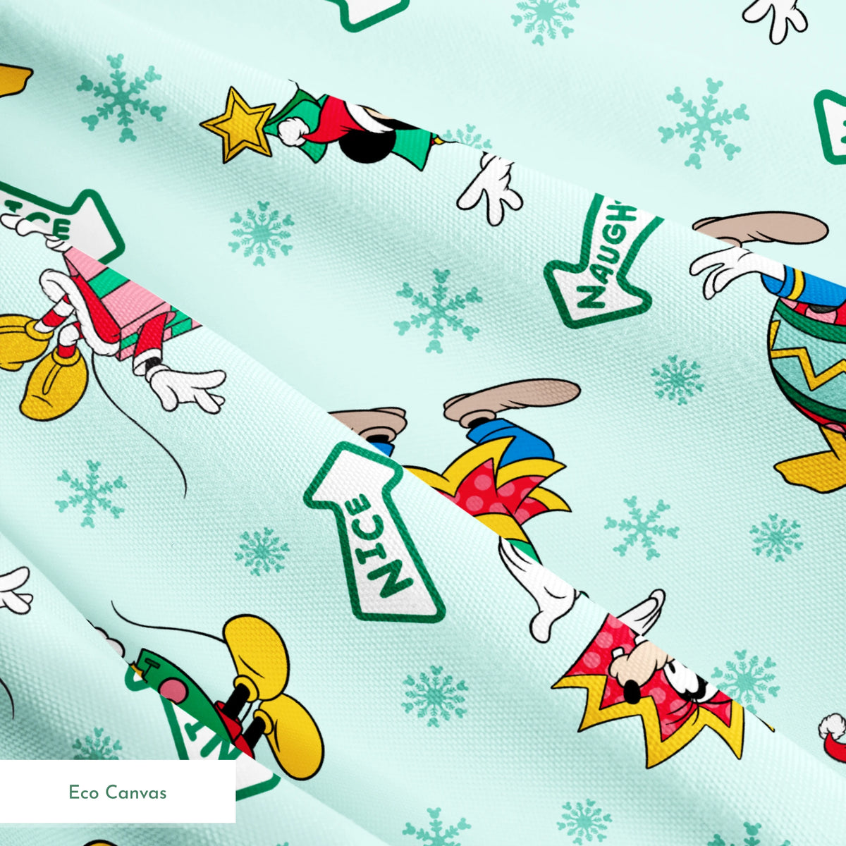 Disney character pattern with Minnie and Mickey in festive holiday outfits on light blue background with snowflakes and "Nice" signs. springs ecocanvas texture