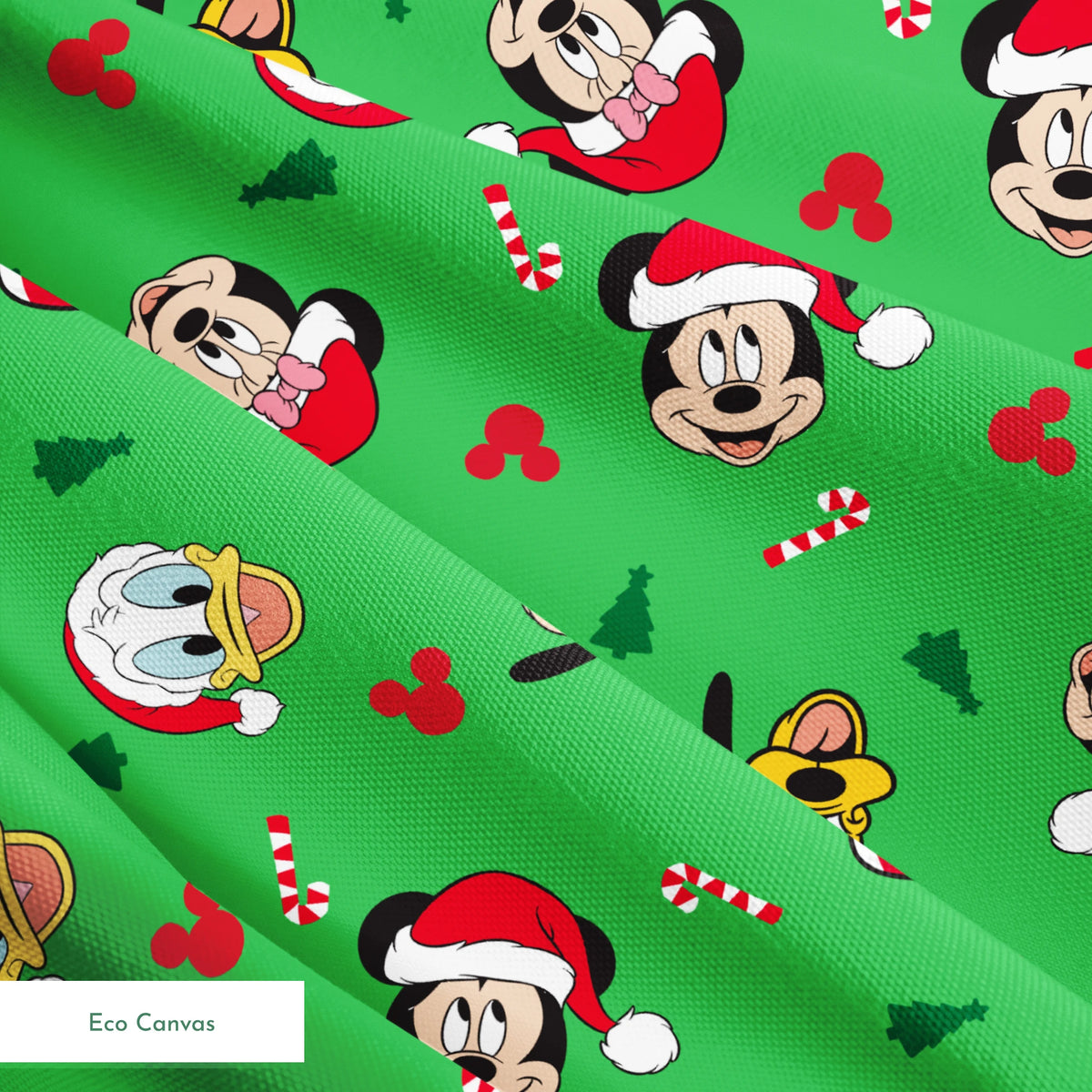 Disney Mickey Mouse characters in Santa hats on green background with candy canes and Christmas trees springs ecocanvas texture