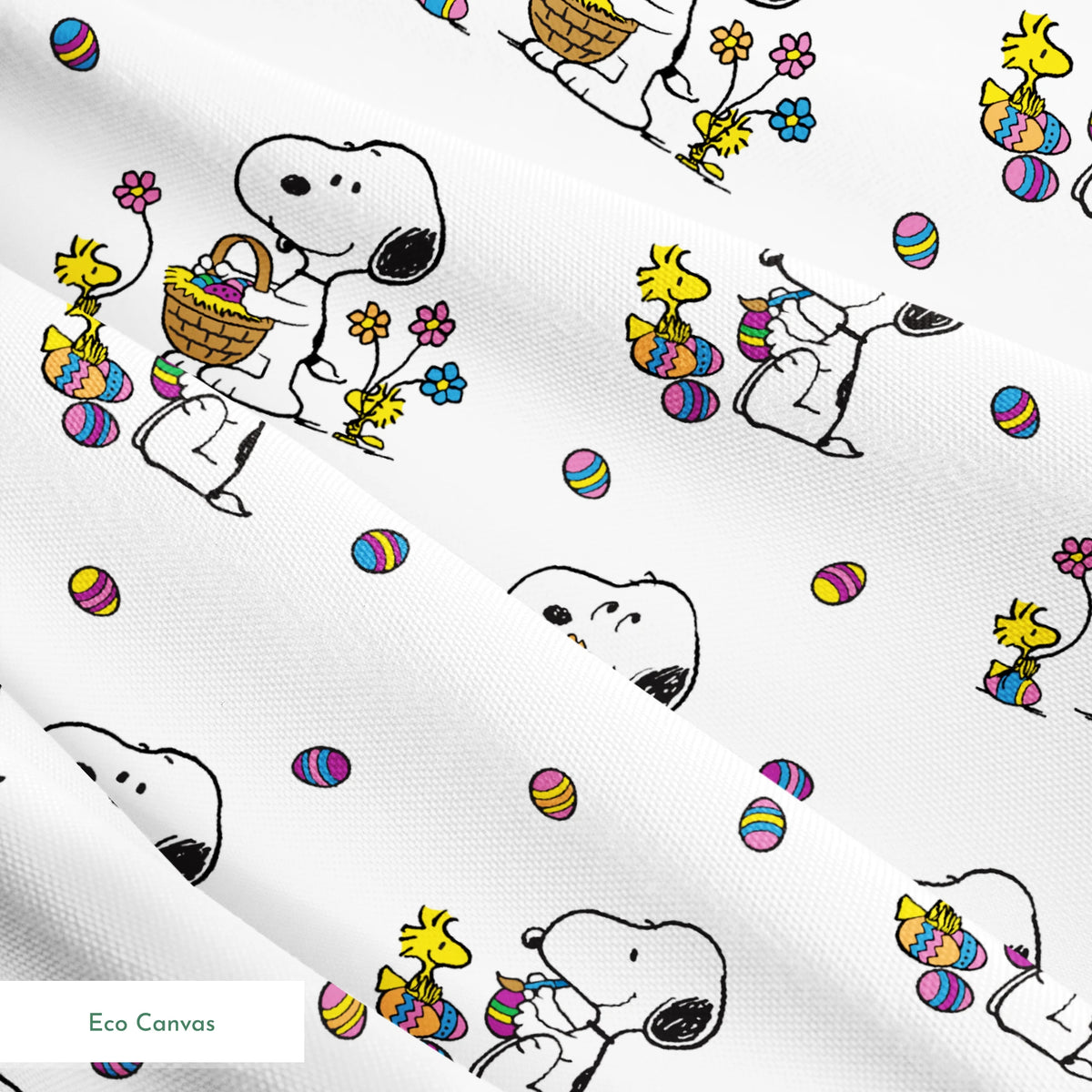 Cartoon pattern with Snoopy and Woodstock celebrating Easter with colorful eggs and baskets on white background springs ecocanvas texture