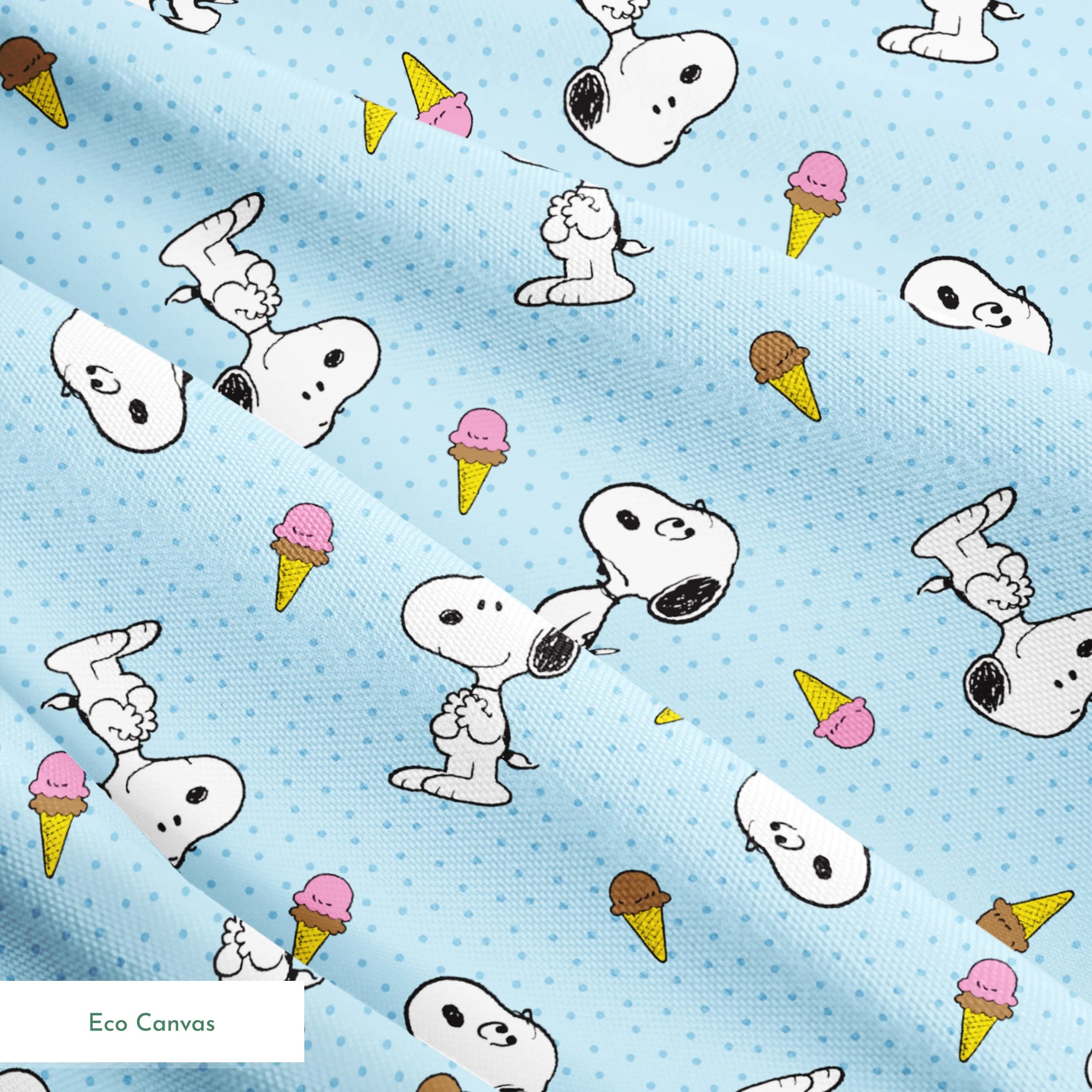 Snoopy pattern on light blue background with ice cream cones and small white dots springs ecocanvas texture