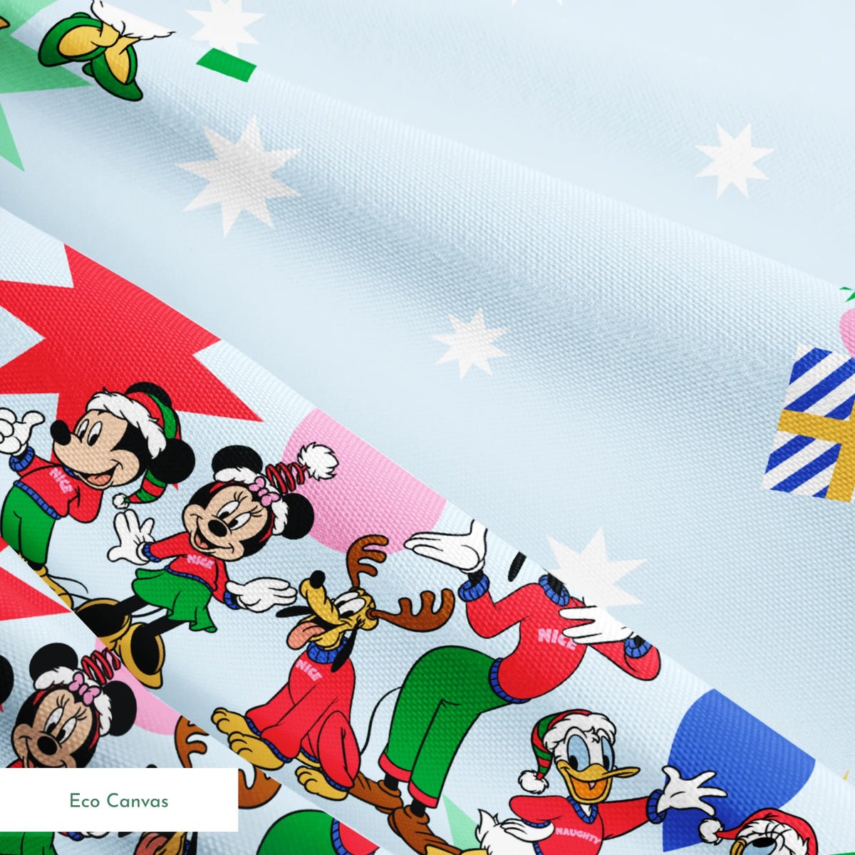 Cartoon Disney characters in festive poses with Christmas trees, ornaments, and stars on light blue snowy background springs ecocanvas texture