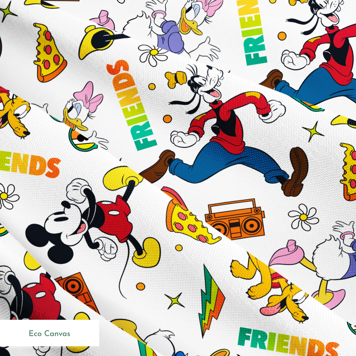 Cartoon pattern featuring classic Disney characters with radios, rainbows, sunglasses and "FRIENDS" text on white background. springs ecocanvas texture