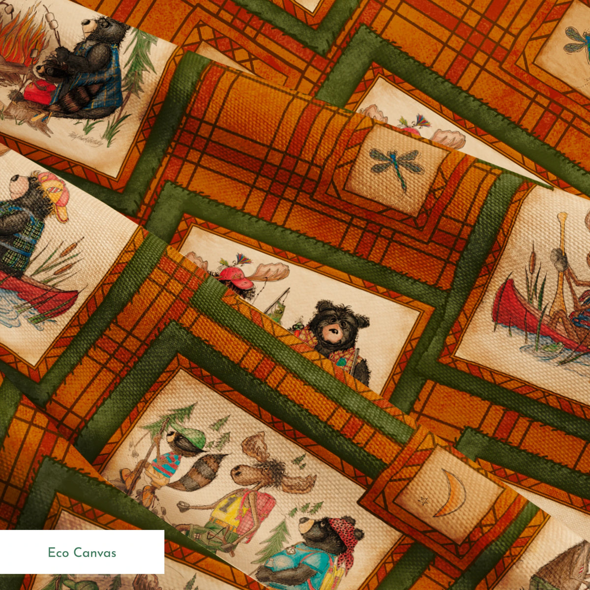 Vintage-style patchwork pattern with framed scenes of people and animals on orange plaid background springs ecocanvas texture