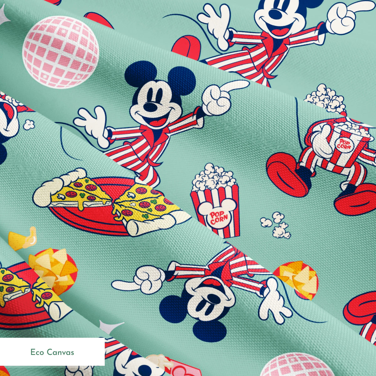 Mickey Mouse in red striped outfits with disco balls, pizza, popcorn, and snacks on mint green background. springs ecocanvas texture