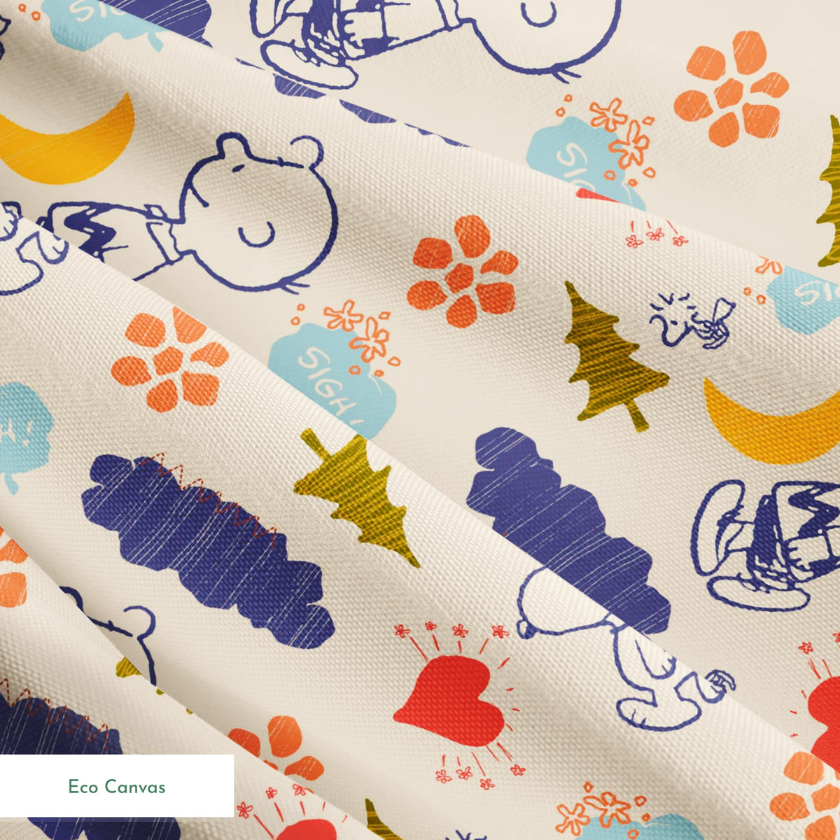 Whimsical Peanuts pattern with trees, clouds, moon, and birds in blue, red, green, and yellow on cream background. springs ecocanvas texture