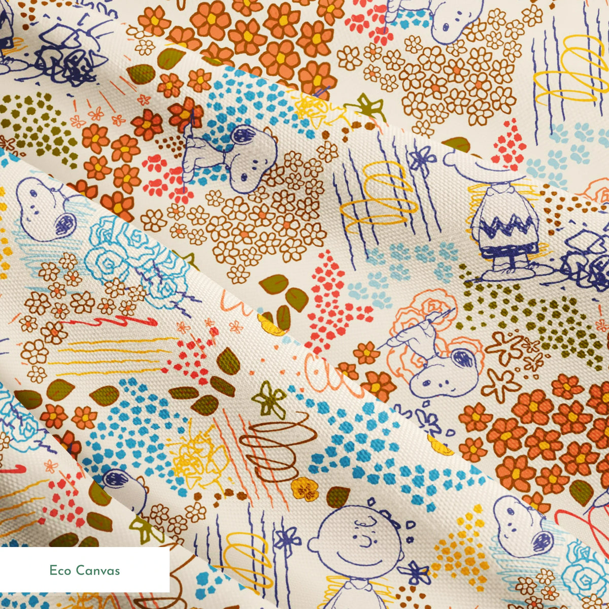 Colorful pattern with Peanuts characters sketches, floral designs, and dots in orange, blue, yellow, and green on a cream background springs ecocanvas texture